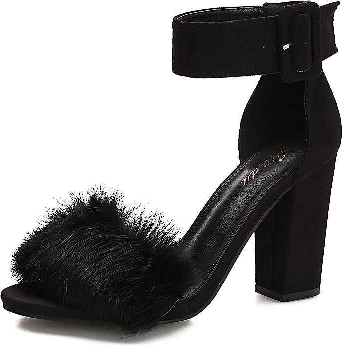 Women's Faux Fur Heels Dress Sandals Open Toe Ankle Strap Fashion Wedding Sexy Chunky Block Heel ... | Amazon (US)