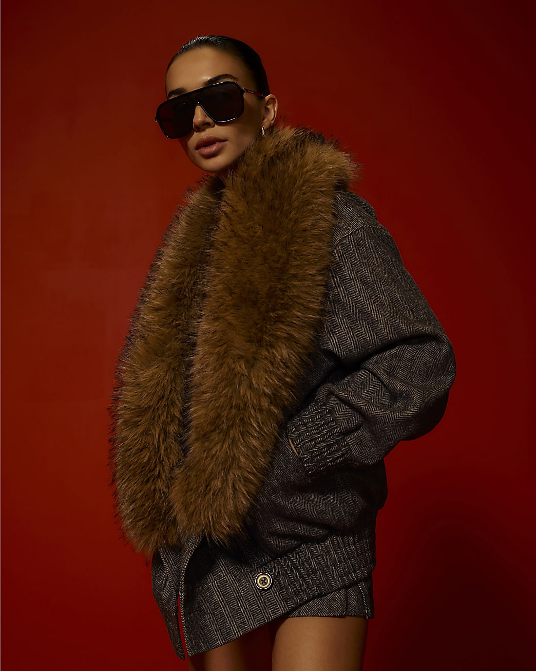 Grey Faux Fur Collar Herringbone Coat | River Island UK & IE