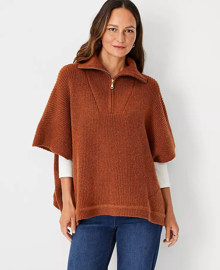 Ribbed Zip Poncho Sweater | Ann Taylor (US)