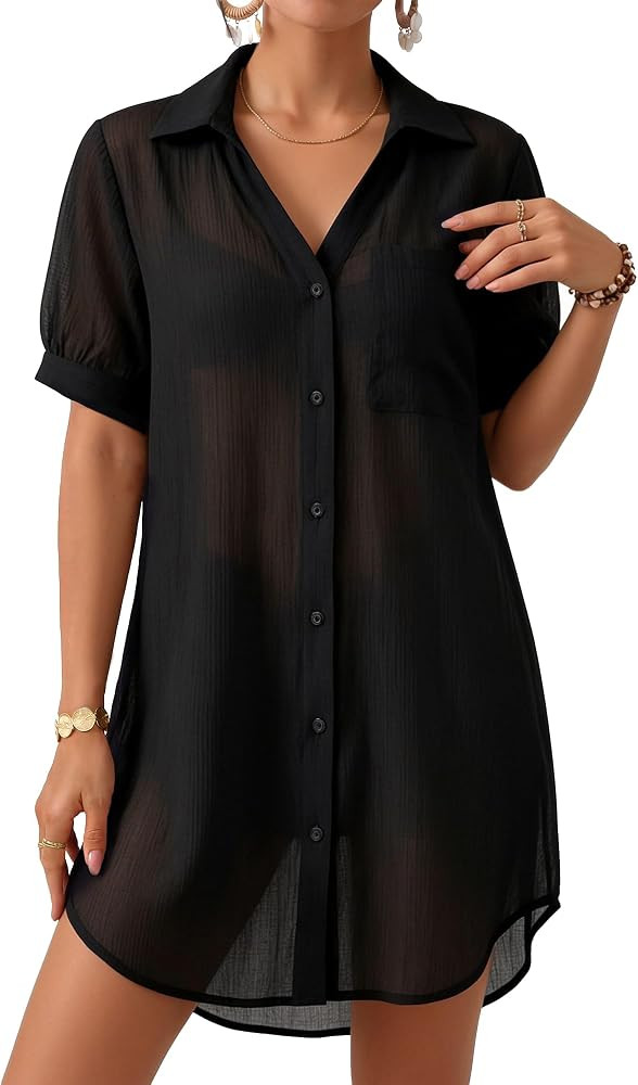MANGOPOP Women's Swimsuit Coverup Button Down Shirt Bathing Suit Cover Ups | Amazon (US)