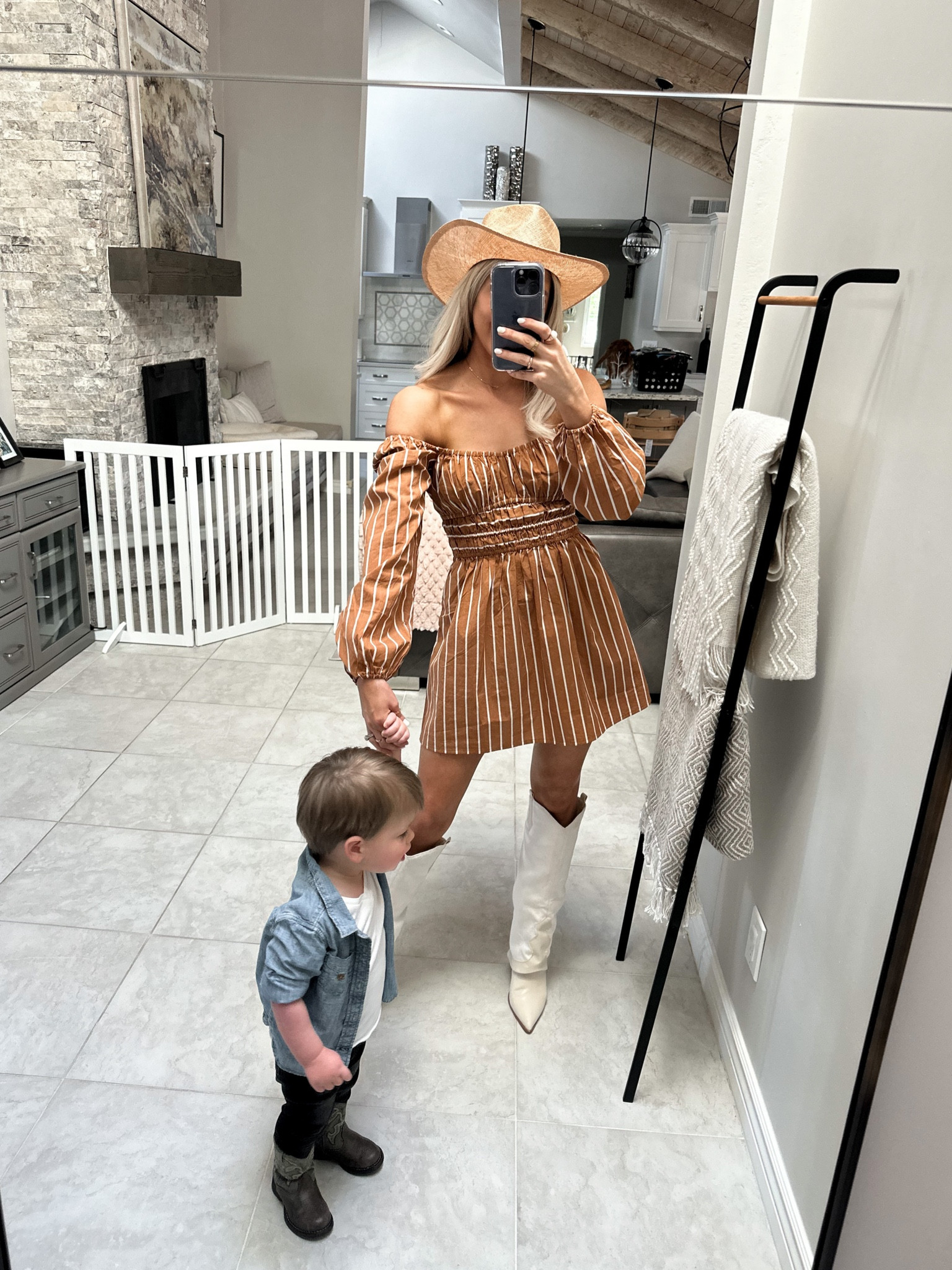 black and white striped dress with brown boots Let Me Love You Floral Dress in Camel Brown