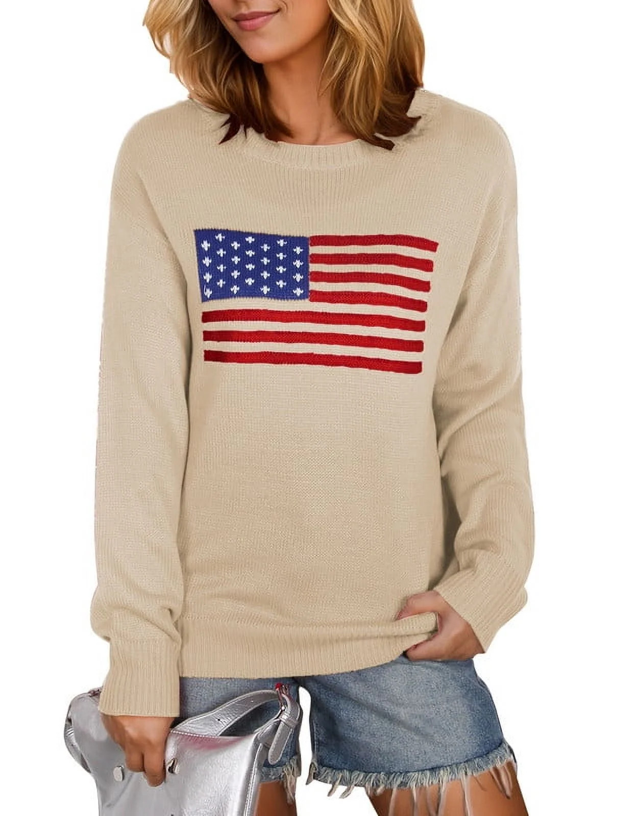 American Flag Graphic Sweaters for Women 4th of July Crew Neck Sweater Long Sleeve Casual Knit Pu... | Walmart (US)