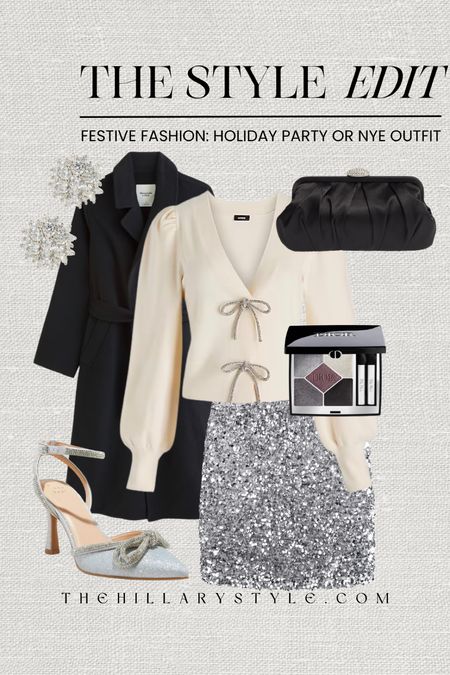The Style Edit: Festive Fashion—Holiday Party or New Year’s Eve Outfit. Sequin skirt, bow detail cardigan, silver heels, black wool coat, black clutch, CZ studs, makeup pallet. Amazon Fashion, Target, Nordstrom, Express, Abercrombie, Dior. Holiday outfit, holiday party outfit, festive fashion, OOTD

#LTKparties #LTKstyletip #LTKHoliday