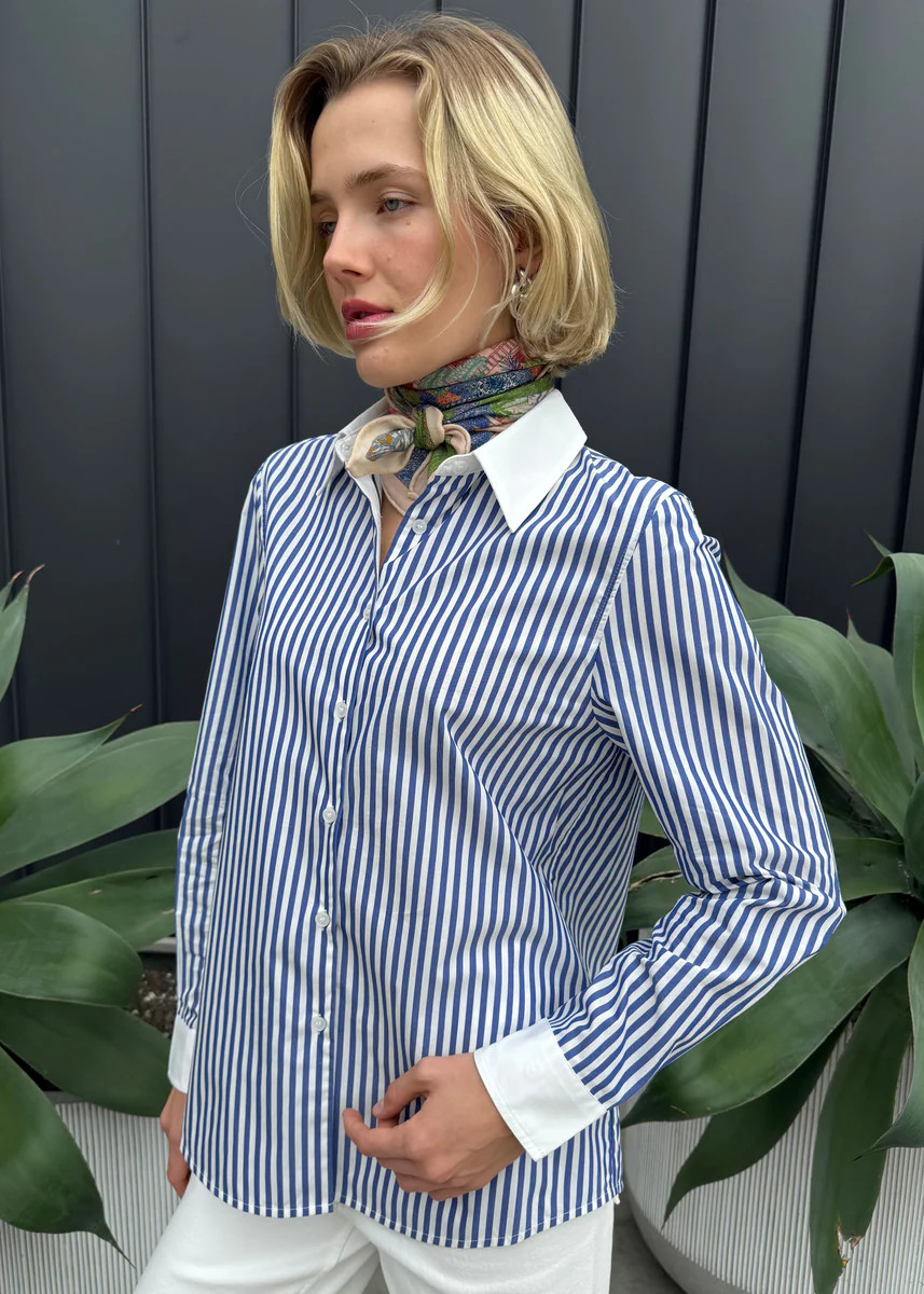 Alexander Striped Button Down Collared Contrast Top - Navy | Benaar La