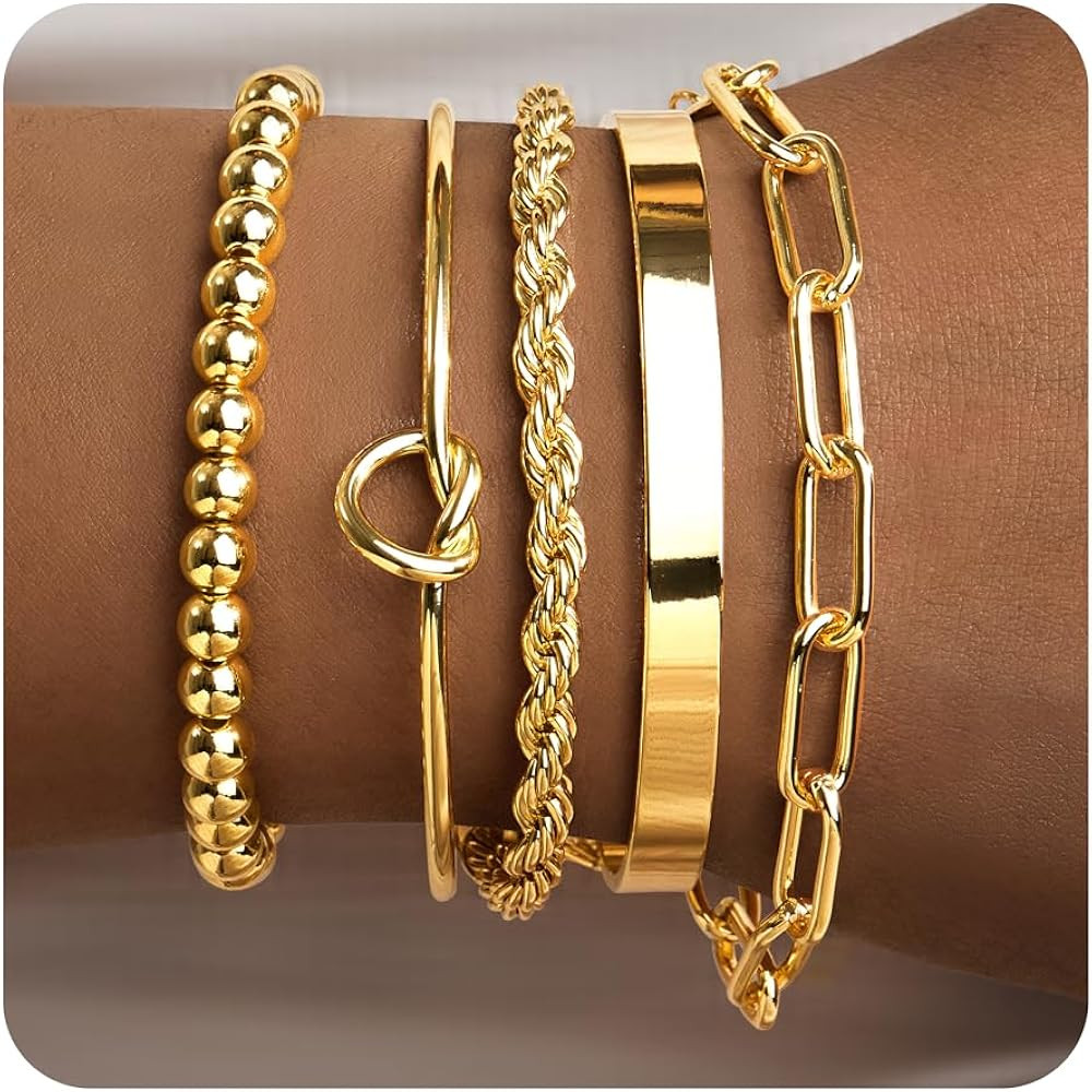 Gold Bracelets for Women Non Tarnish, 14K Gold Plated Chunky Cuff Bracelet Gold Bangles Bracelet ... | Amazon (US)