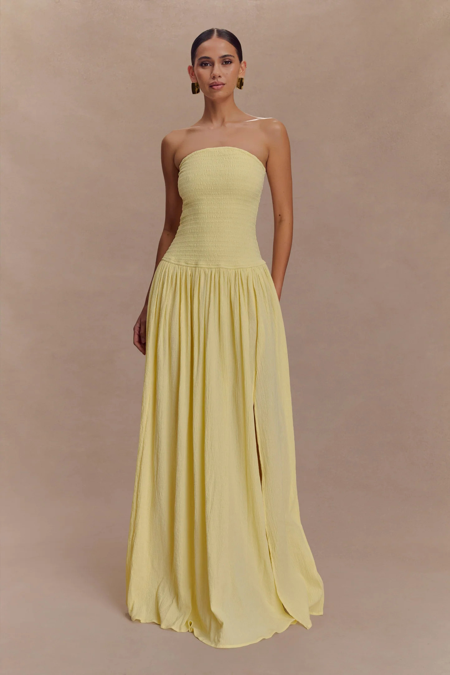 Cotton Shirring Maxi Dress - Lemon | MESHKI US