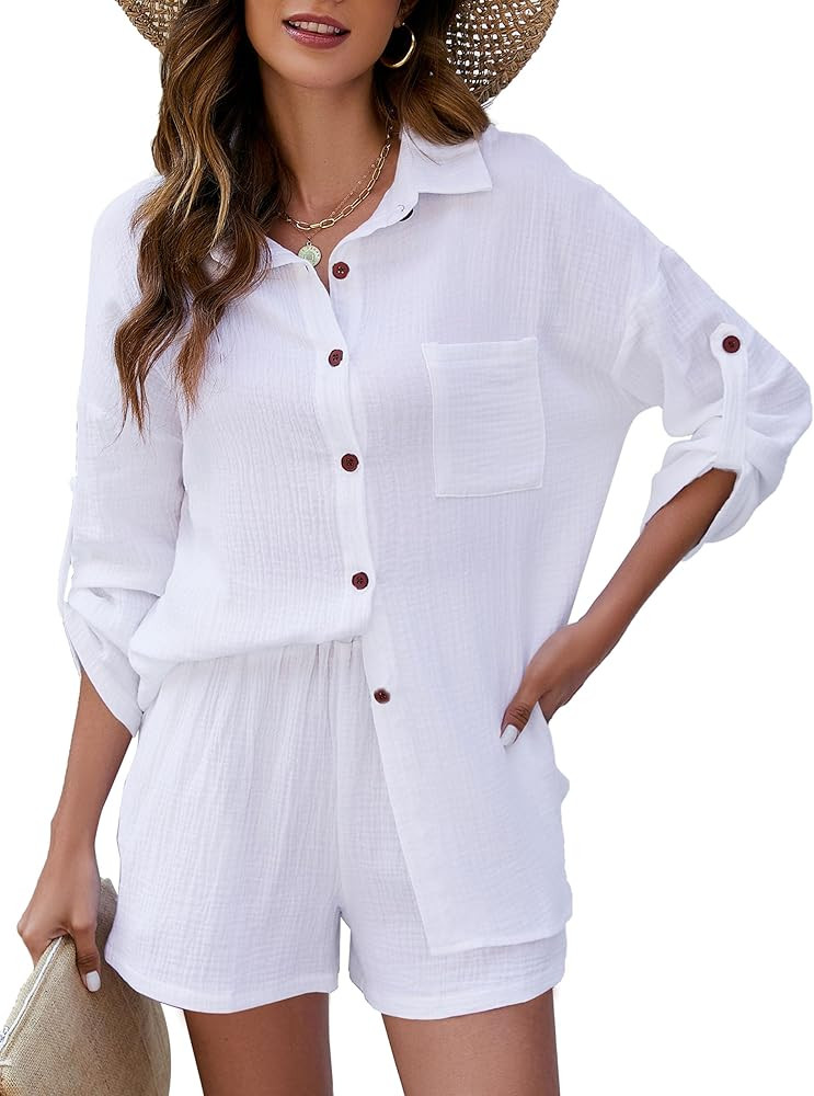 PEHMEA Womens Casual 2 Piece Outfits Cotton Linen Sets Button Long Sleeve Shirt and Shorts Lounge... | Amazon (US)