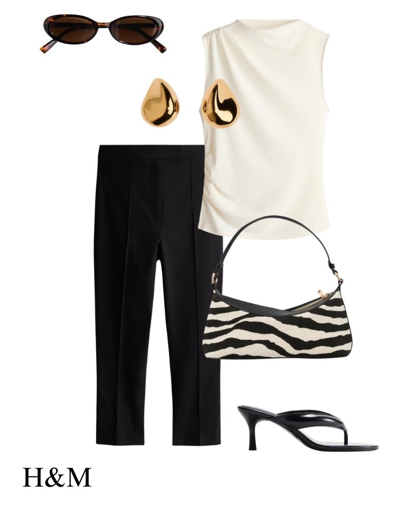 H&M new arrivals, zebra purse, black capris, white blouse, gold earrings, black heels, date night outfit.

#LTKootd