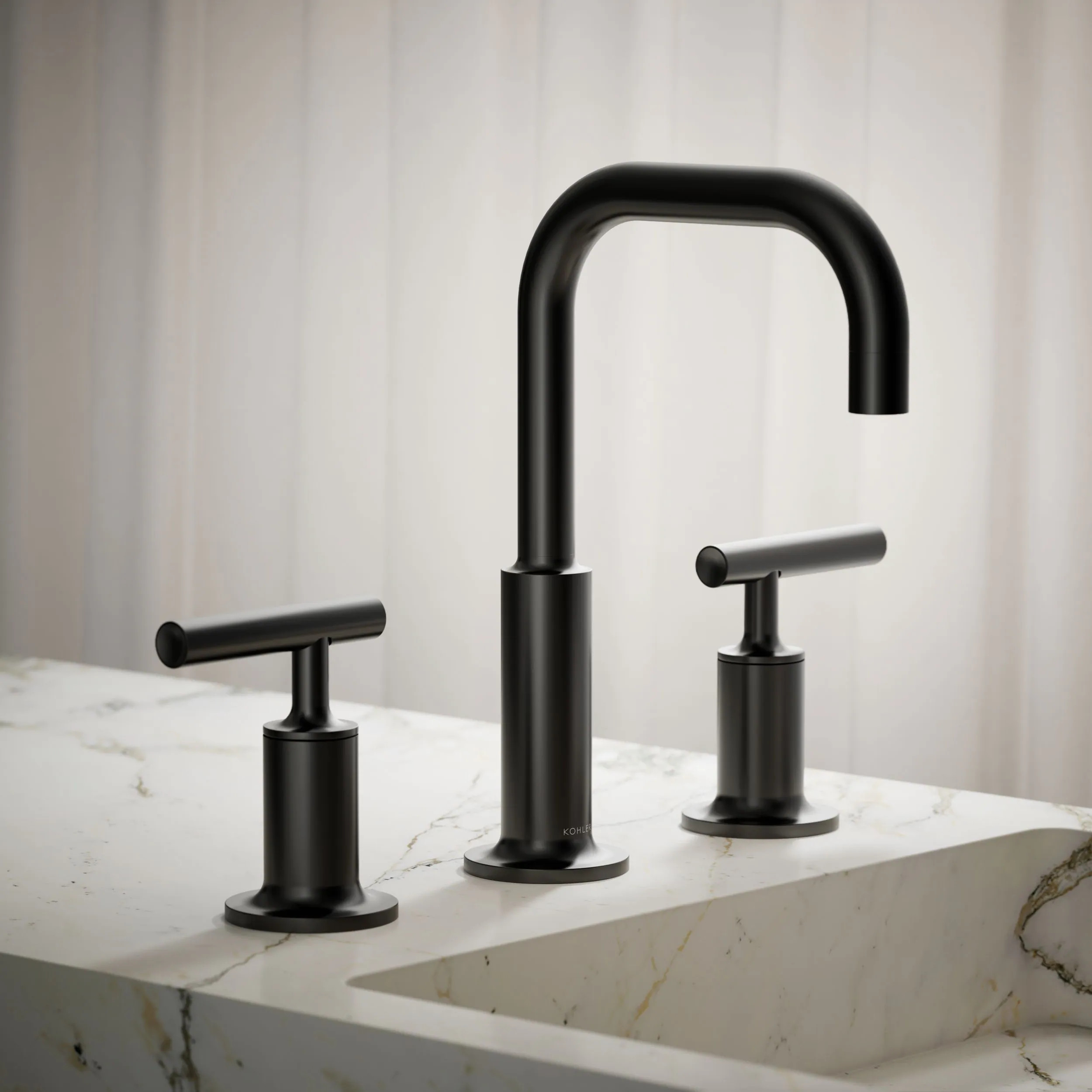 KOHLER Purist Matte Black Widespread 2-handle WaterSense Low-arc Residential Handle Bathroom Sink Faucet with Drain one_size | K-14406-4-BL | Lowe's