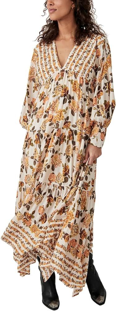 Women Long Dress, Long Sleeve V-Neck Pleated Flower Dress Loose Swing Dress for Casual Daily | Amazon (US)