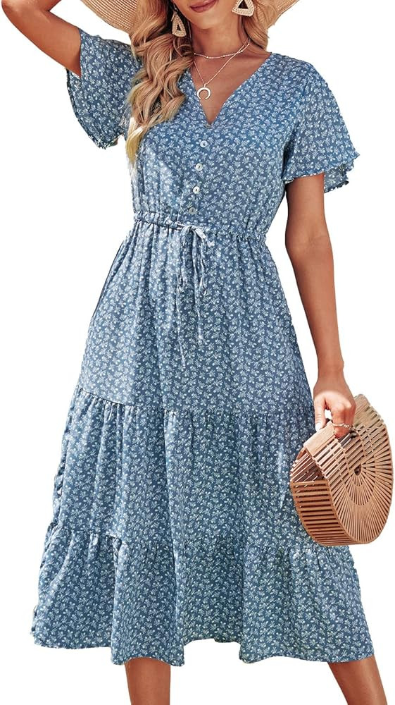 PRETTYGARDEN Women's Floral Boho Dress Casual Short Sleeve V Neck Ruffle Tiered Summer Swing Maxi... | Amazon (US)