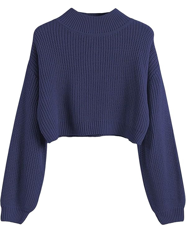 SweatyRocks Women's Long Sleeve Mock Neck Cropped Sweater Drop Shoulder Pullover Sweater Lantern ... | Amazon (US)