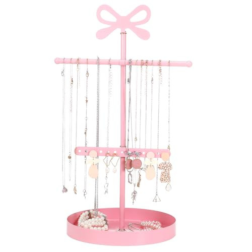 Gerrii Pink Bow Jewelry Holder Organizer Stand 3 In1 Decorative Pink Display Coquettish Jewelry Towers Tree Organizer Hanger Metal Storage Rack for Earrings Necklaces with Ring Tray | Amazon (US)