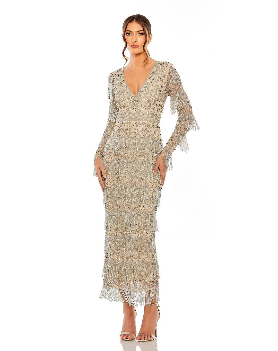 V Neck Beaded Fringe Embellished Dress | Mac Duggal