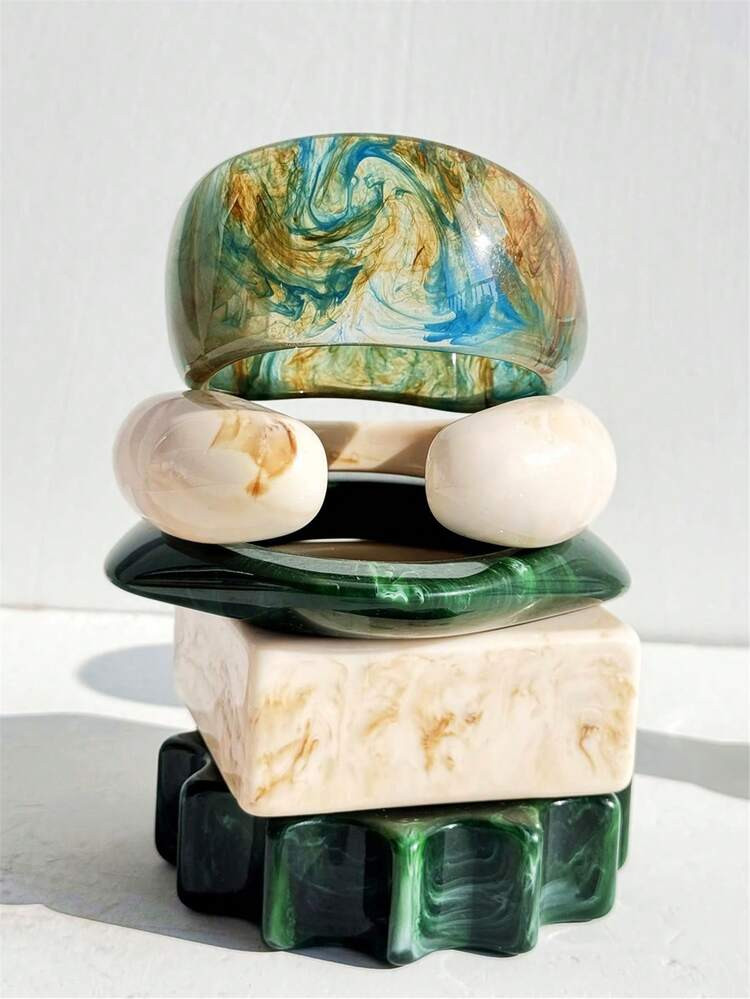 Vintage Green & Beige Tie Dye Asymmetrical Wide Resin Bangle, Waterdrop Geometric Square Fashionable New Bracelet | SHEIN