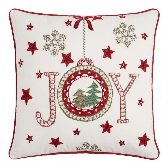 Pier Place White and Red Joy Embroidered Throw Pillow | World Market