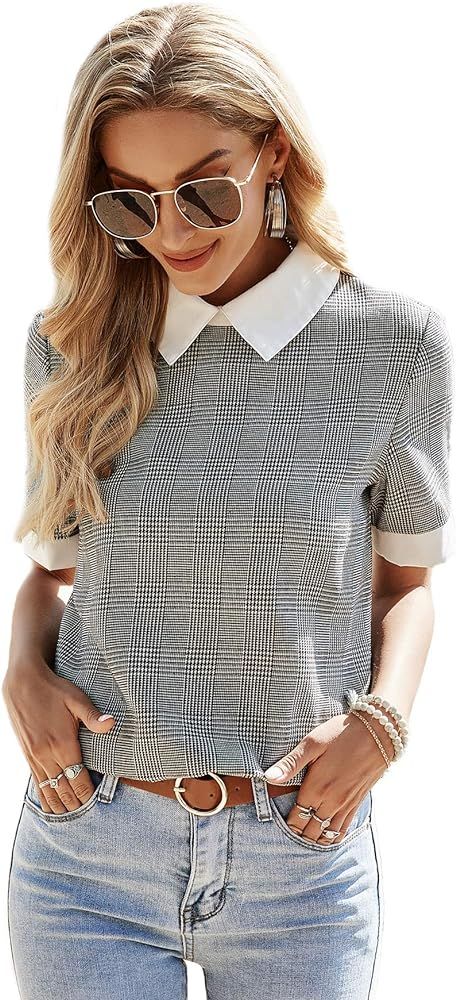 Romwe Women's Cute Contrast Collar Short Sleeve Casual Work Blouse Tops | Amazon (US)