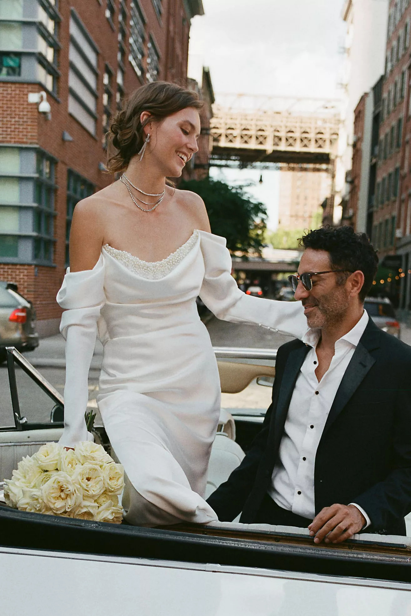 Watters Garance Off-Shoulder Satin Sheath Wedding Gown | Anthropologie (US)