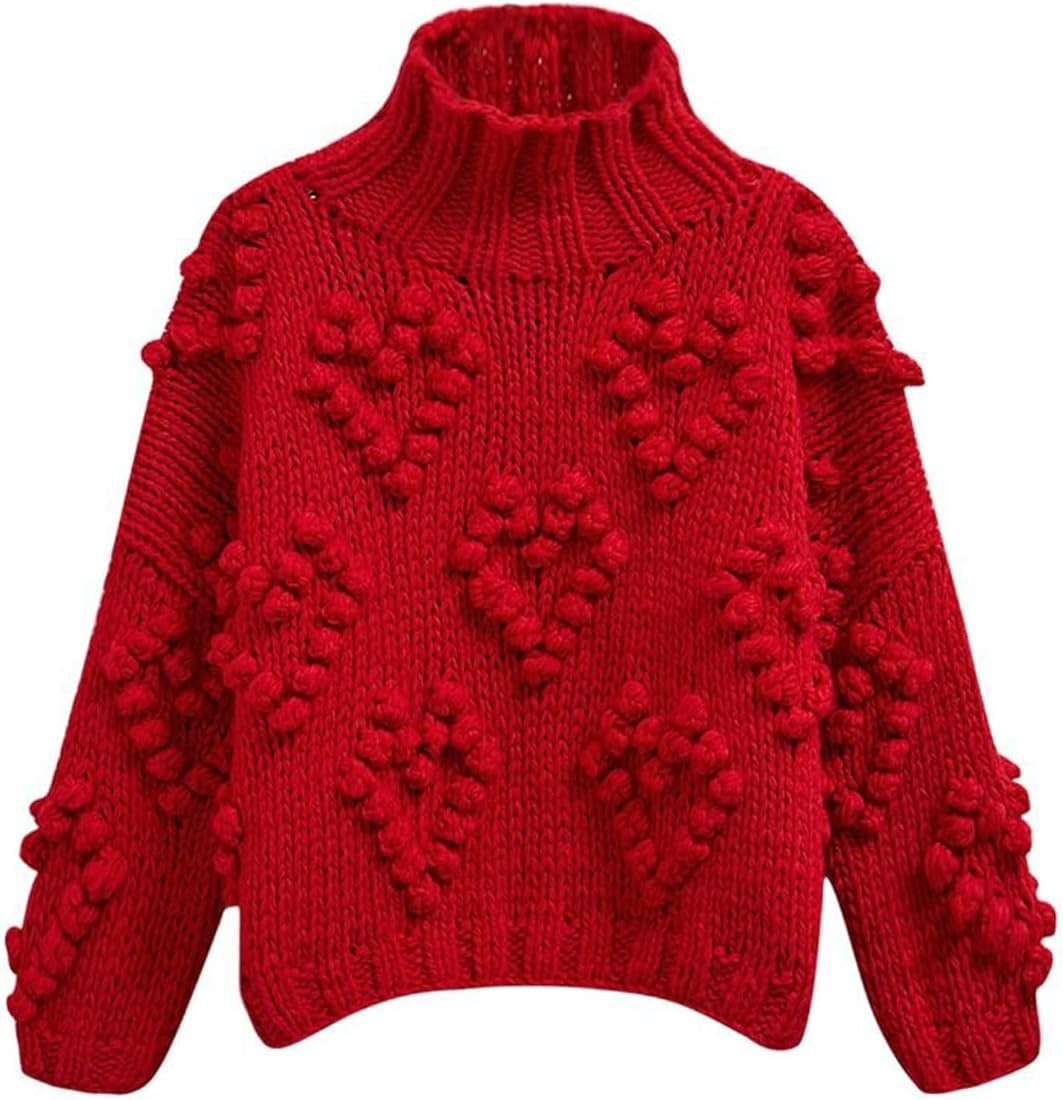 CHICWISH Womens Turtleneck Sweater Heart Pom Pom Pullover Sweaters Long Sleeve Loose Chunky Knit ... | Amazon (US)
