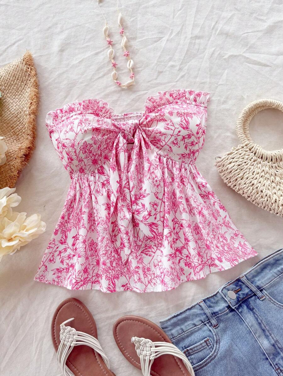 Soleia Vacation Casual Floral Allover Print Tie Front Ruffle Hem Strapless Crop Top Babydoll Top | SHEIN