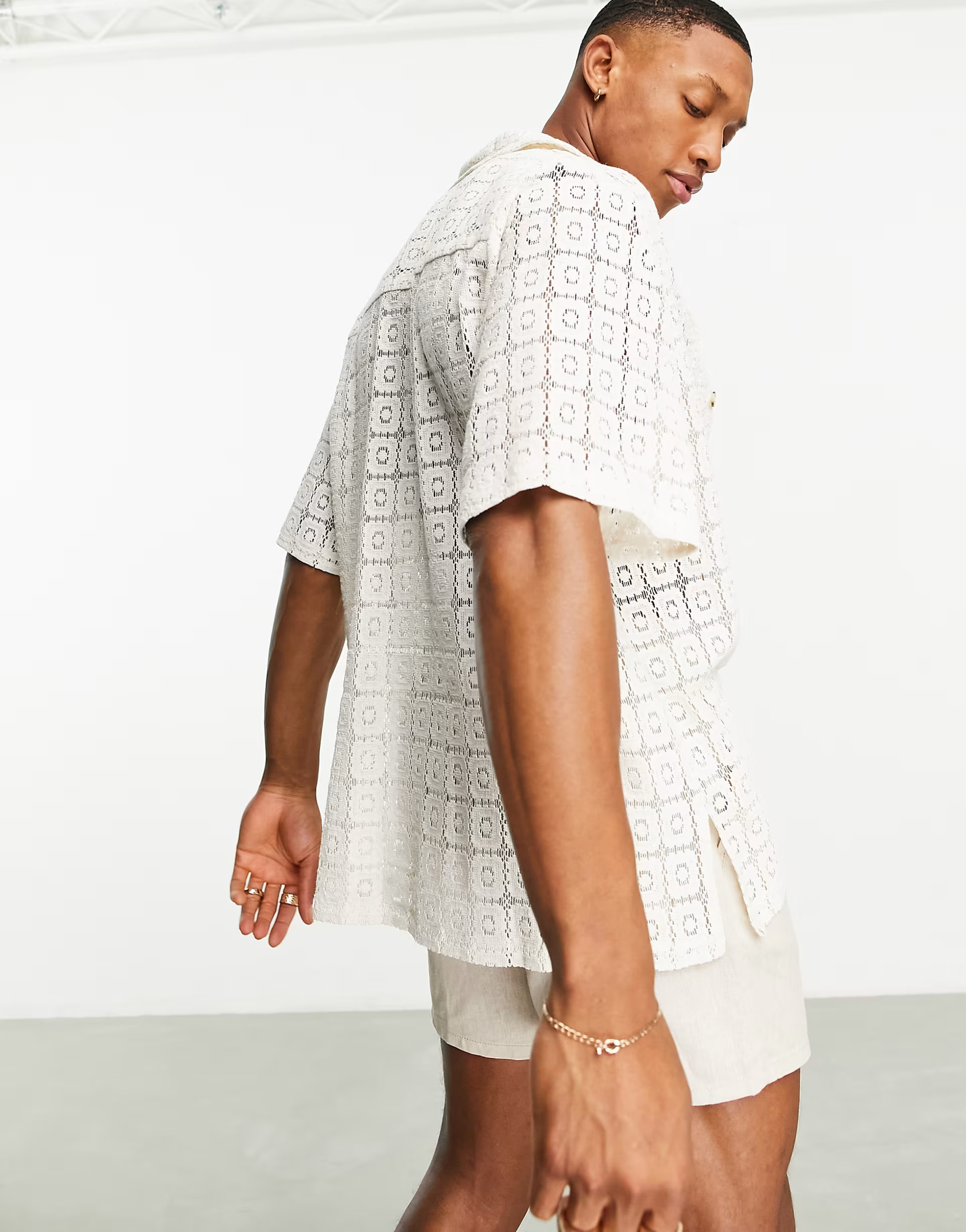 ASOS DESIGN relaxed deep revere shirt in crochet lace pattern | ASOS (Global)