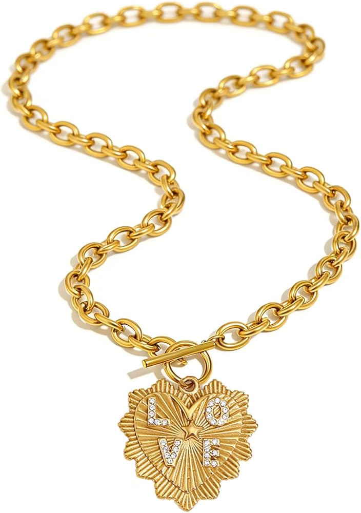 Valentines Day Gifts for Her,Chunky Gold Heart Necklace for Women, 18K Gold Plated Puffy Heart Pe... | Amazon (US)