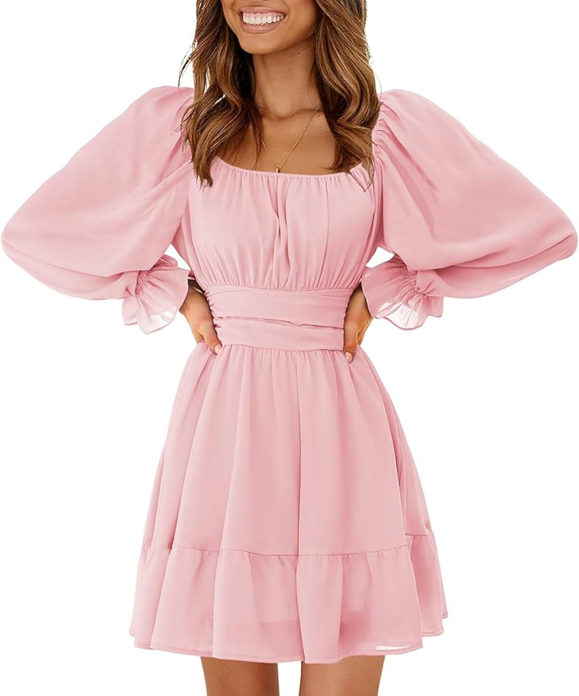 EXLURA Women's 2026 Casual Long Lantern Sleeve Dresses Square Neck Ruffle Tie Back Elastic Waist ... | Amazon (US)