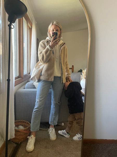 Mommy and me fleece outfits - wearing a medium in my sweatshirt and fleece and a 26 in the jeans. Sneakers run TTS. My sweatshirt isn’t available anymore, but I linked the crew version 

#LTKSeasonal