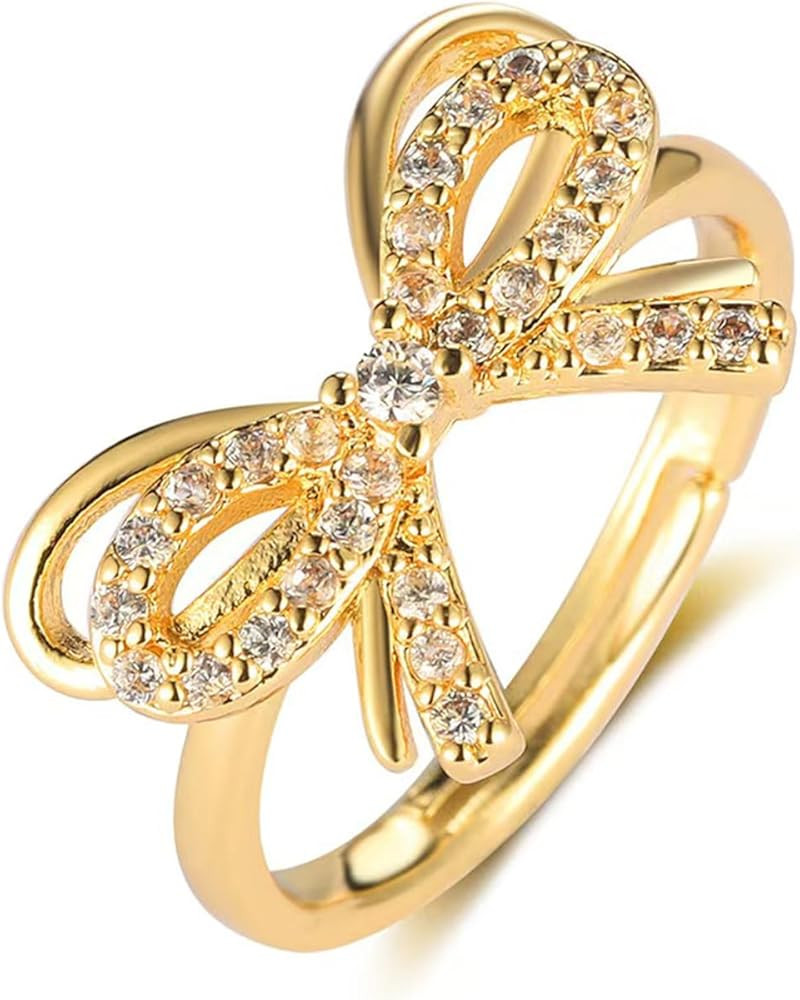 IQIC Gold Bow Ring for Women Rhinestone Bow Open Ring Chunky Cubic Zirconia Bow Ring Adjustable B... | Amazon (US)