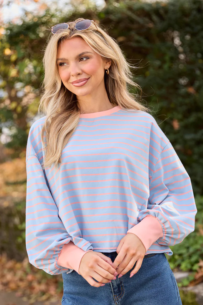 Susanna Long Sleeve Blue and Coral Stripe Knit Tee | Pink Lily