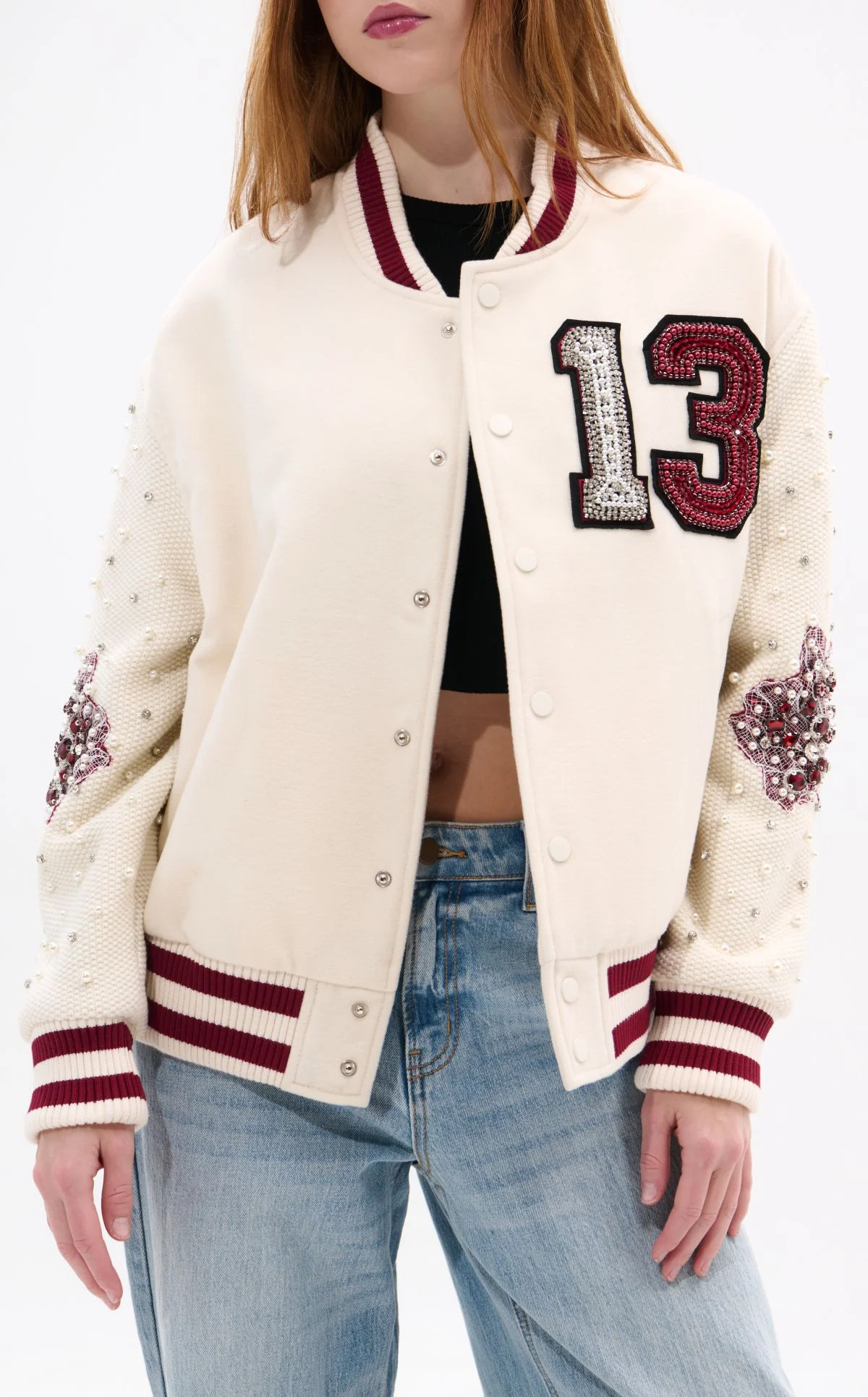 THIRTEEN-CREAM RHINESTONE VARSITY JACKET | Azalea Wang