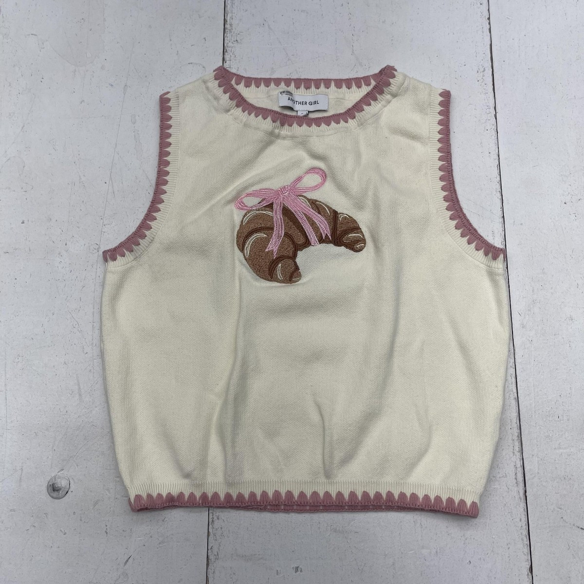 Another Girl Sweater Vest Womens Small Cream Pink Organic Cotton Croissant Knit | eBay US
