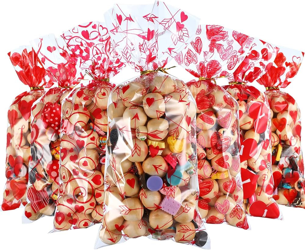 Blulu 180 Pieces Valentines Treat Favor Bags Cellophane Plastic Clear Candy Goodie Gift Bags with... | Amazon (US)
