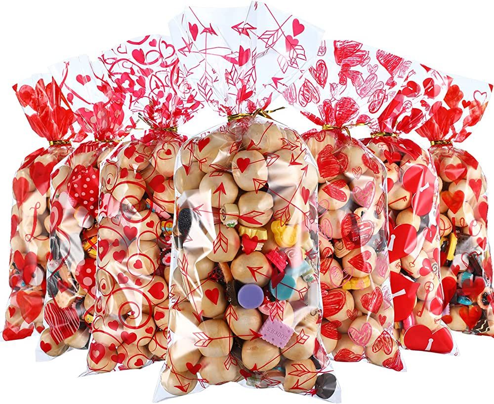 Blulu 180 Pieces Valentines Treat Favor Bags Cellophane Plastic Clear Candy Goodie Gift Bags with... | Amazon (US)