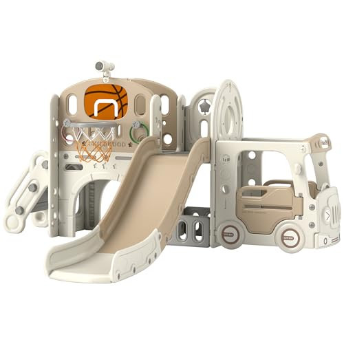 Qaba 9 in 1 Toddler Slide, Indoor Slide for Kids Ages 1-6, Car Themed Baby Slide with Basketball Hoop, Climber, Storage Space, Ring Toss, Telescope, Tunnel, Cream White | Amazon (US)