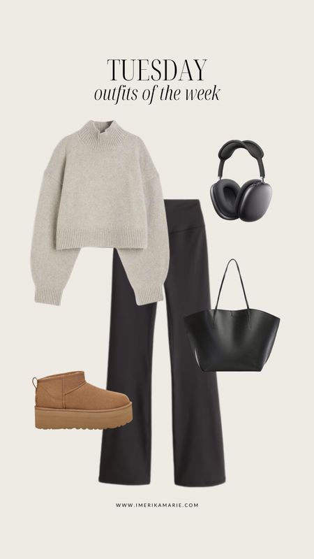 fall outfit. fall sweater. yoga pants. flared leggings. black tote bag. ugg platforms. apple headphones

#LTKSeasonal #LTKstyletip #LTKfindsunder100