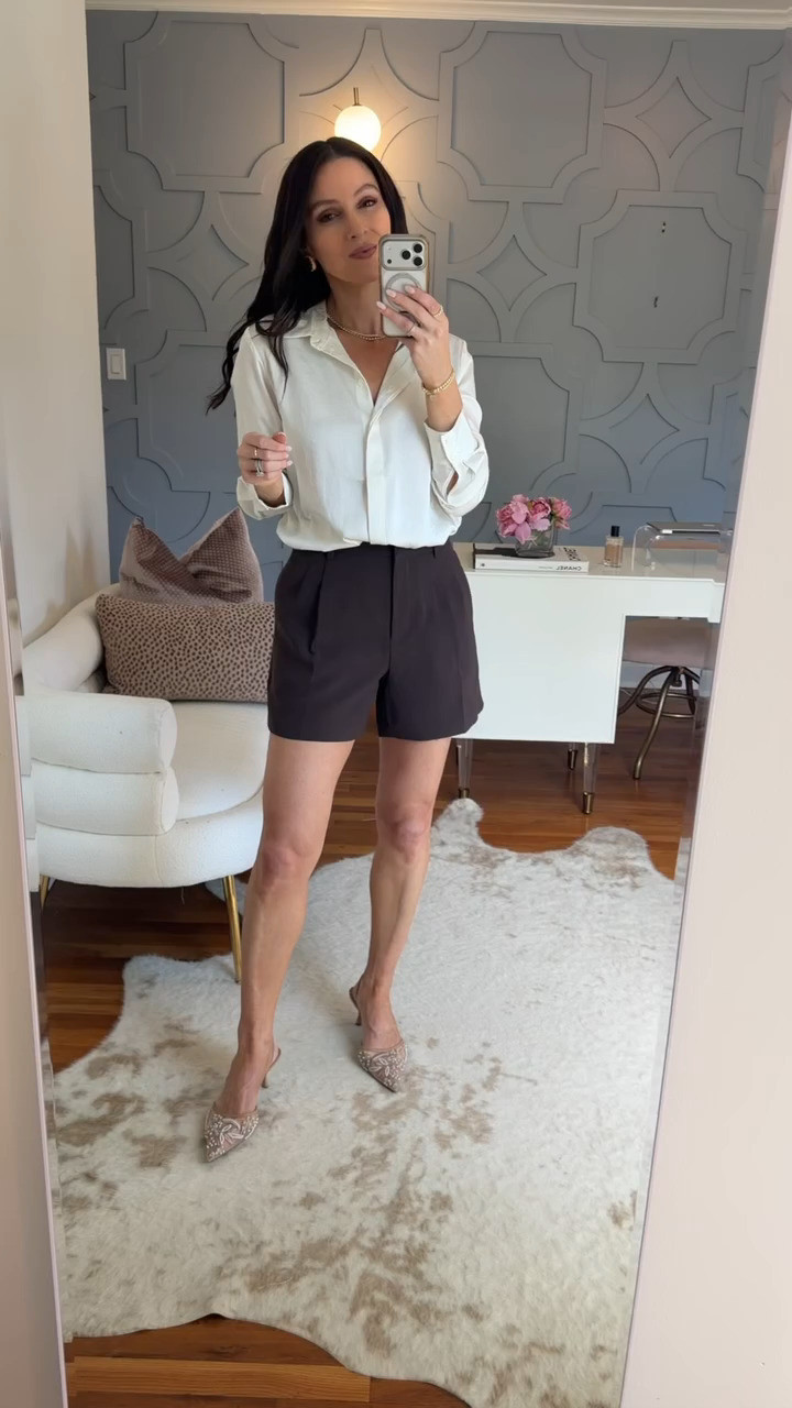 This satin button-down is the ultimate work-to-weekend piece — tucked into these tailored shorts for an elevated, polished look that still feels easy and luxe. True to size in both pieces. Dress it up with heels for the office or down with sandals for summer days off!

Aritzia Summer 2026 • Stylist Picks • Elevated Workwear 

 #LTKootd #LTKSeasonal #LTKOver40