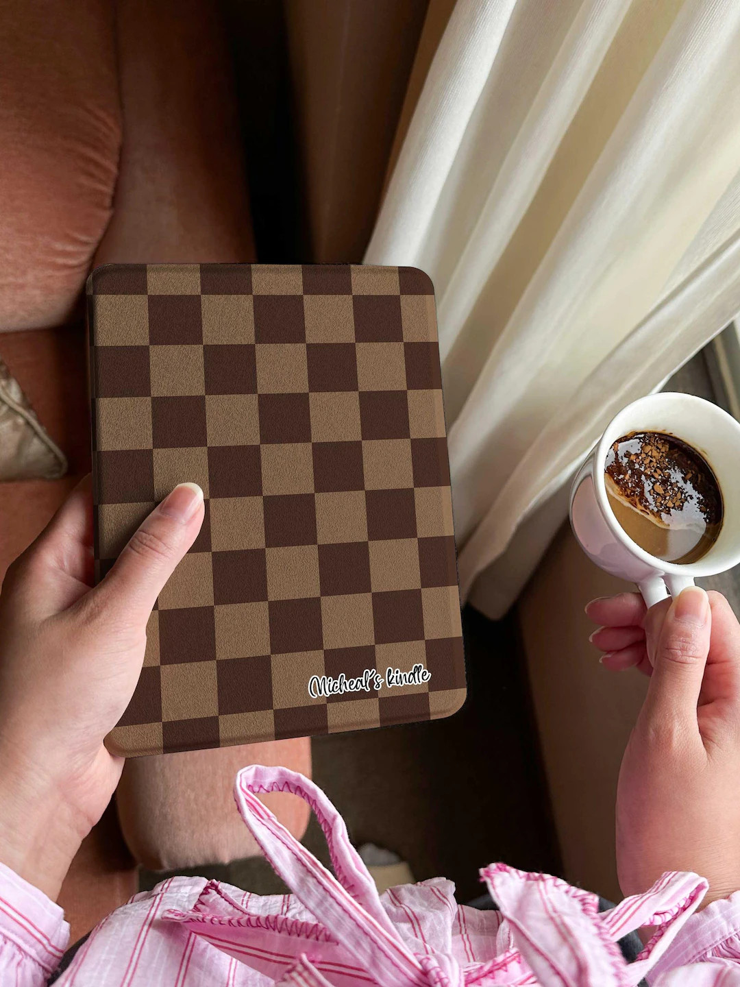 Retro Checkerboard Kindle Case – Brown Coffee Retro Cover, Personalized Name, Paperwhite/basic/... | Etsy (US)