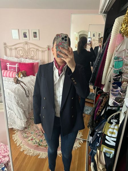 White Oxford, white button down, double breasted blazer, navy blazer, tuckernuck, silk scarf, business casual, spring transition outfit, jeans, skinny jeans, casual outfit, weekend outfit, preppy outfit 

#LTKSeasonal #LTKstyletip #LTKfindsunder100