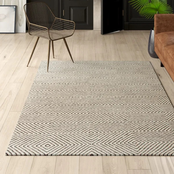 Azarian Geometric Diamond Handmade Tufted Wool Ivory/Black Rug | Wayfair North America