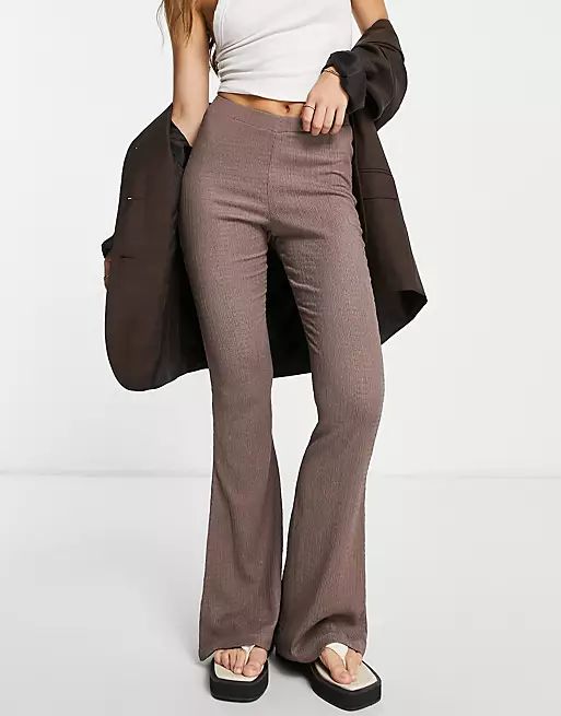 Topshop low rise plisse flare pants in taupe | ASOS (Global)