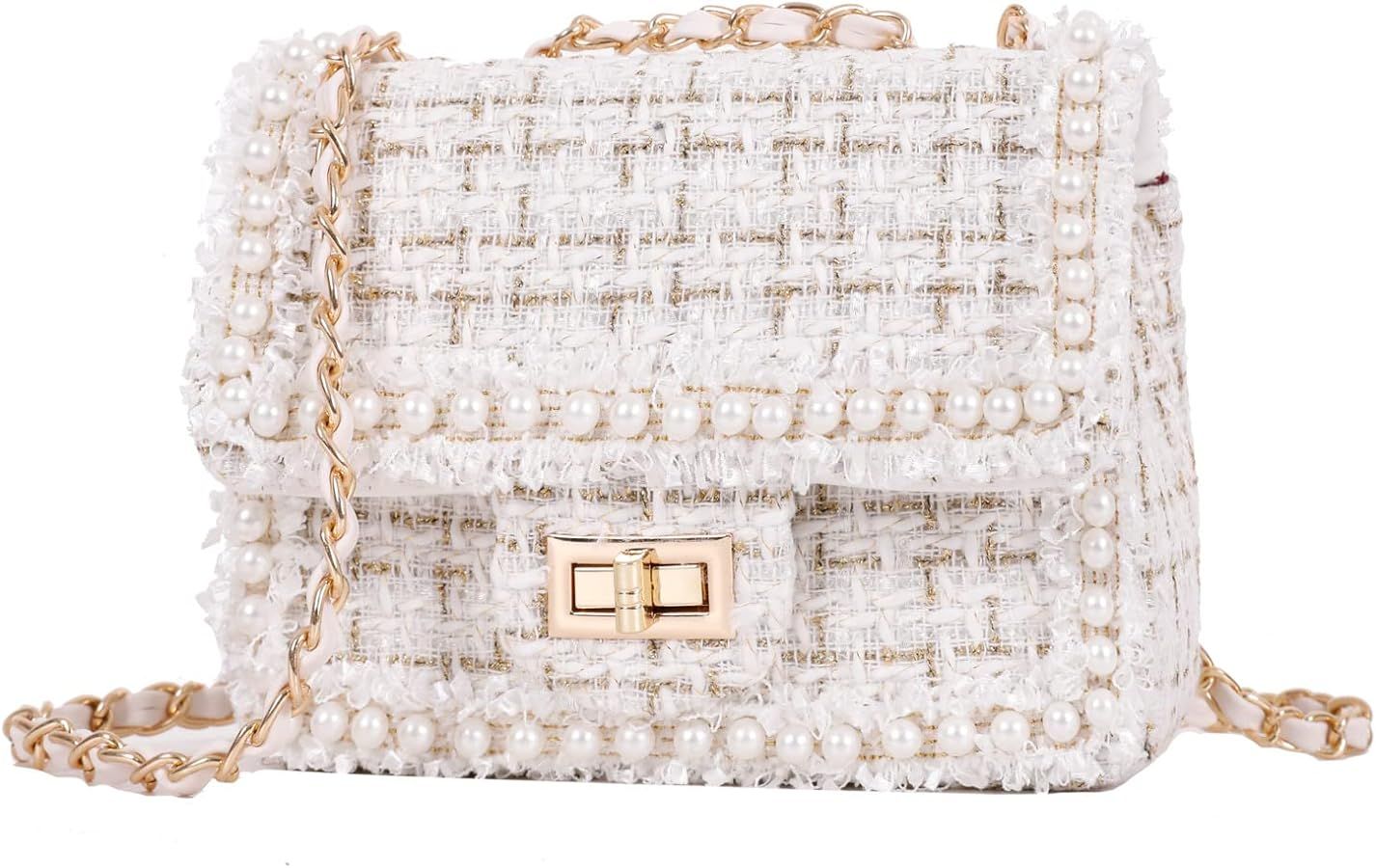 Purse and Handbags for Women Fashion Tweed Pearl Top Handle Satchel Shoulder Tote bead chain Cros... | Amazon (US)