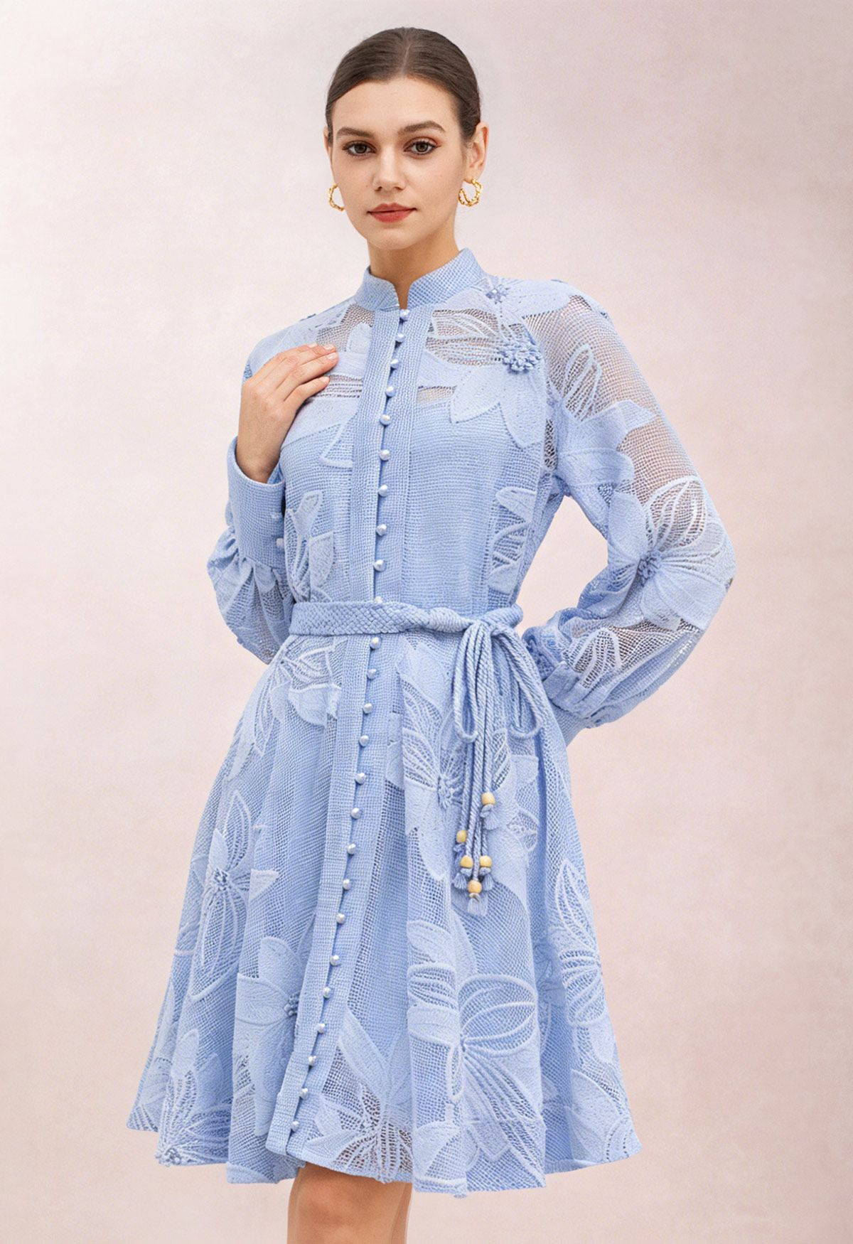 Embroidered Floral Belted Fishnet Midi Dress in Blue | Chicwish
