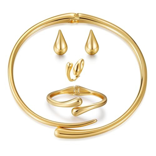JEWELON 4 Pcs Chunky Gold Jewelry Set for Women, 14K Gold Plated Cuff Choker Collar Necklace, Gold Teardrop Drop Earrings, Teardrop Wrap Ring, Hinged Cuff Bangle Bracelets, Statement Fashion Jewelry | Amazon (US)