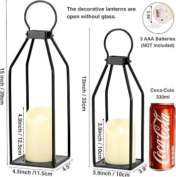 Perfnique Modern Farmhouse Lantern Decor, 15'' 13'' Set of 2 Black Metal Lanterns, 2 LED 6hr Time... | Amazon (US)