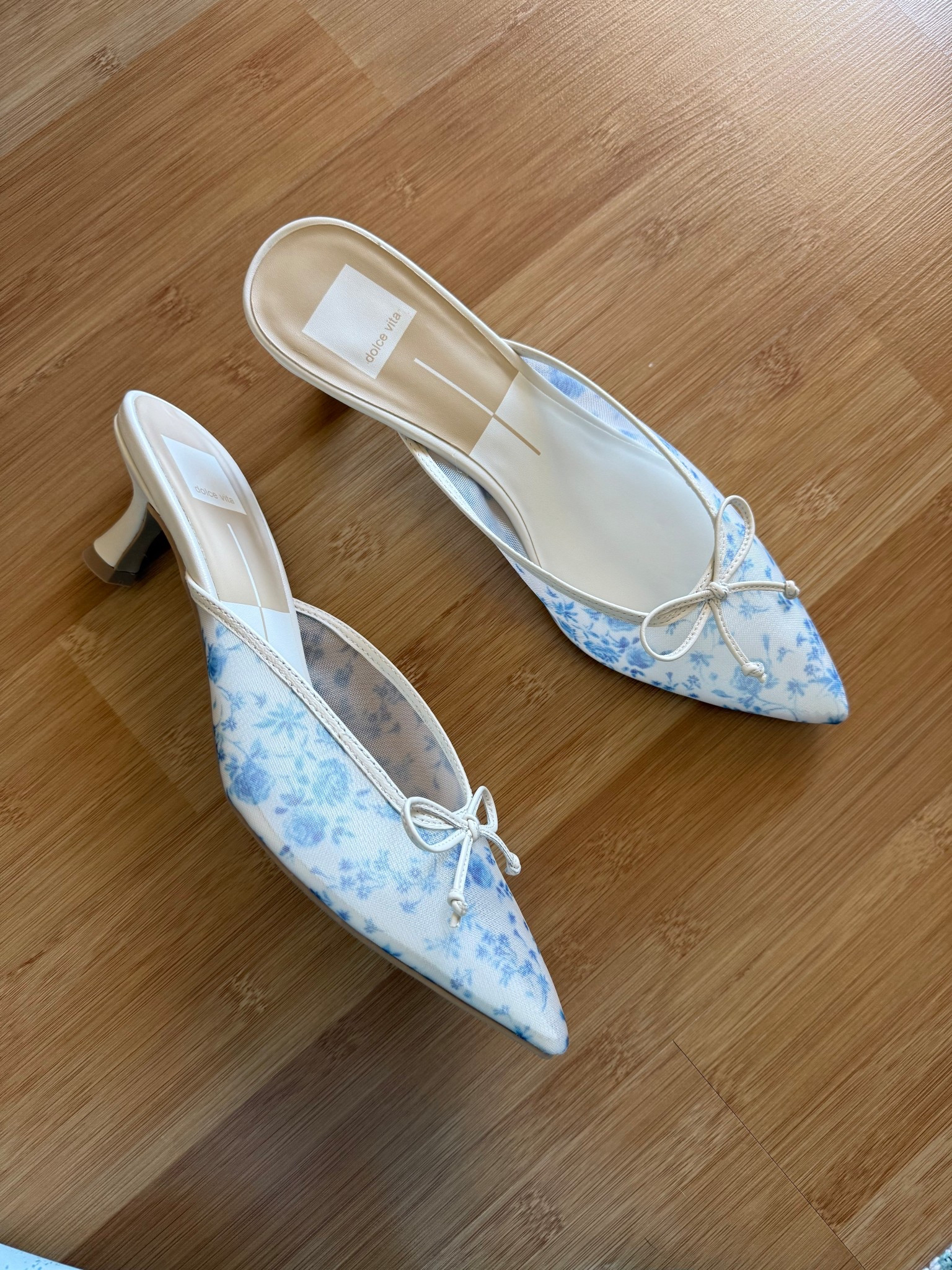 Perfect blue and white mesh kitten heel mules for spring! Fit true to size and are comfy!