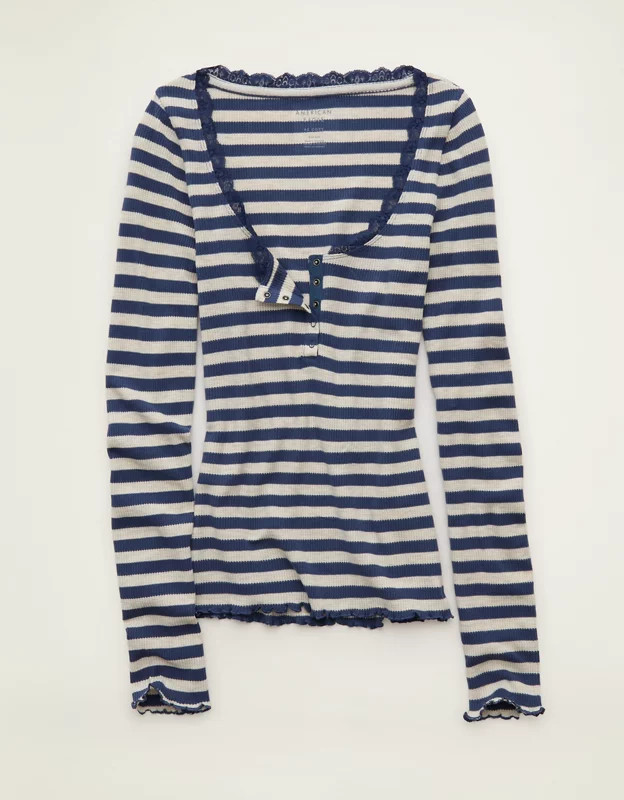 AE Cozy Waffle Lace Trim Henley T-Shirt Women's Navy M | American Eagle Outfitters (US & CA)