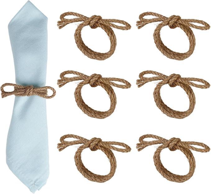 Rustic Bow Napkin Rings Set of 6, Handmade Boho Jute Rope Napkin Ring | Amazon (US)