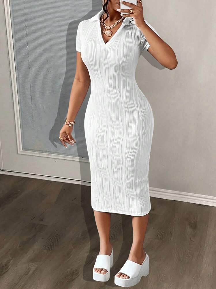 Slaydiva Summer Casual Elegant Simple Basic Model New Lapel V-Neck Short-Sleeved Slim Long Skirt ... | SHEIN