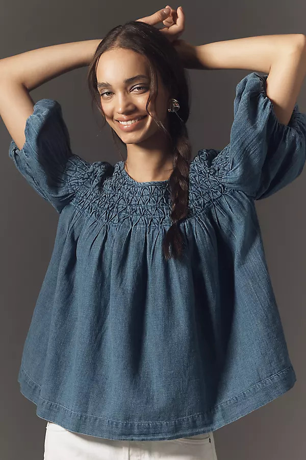 The Liza Smocked Puff-Sleeve Denim Blouse | Anthropologie (US)